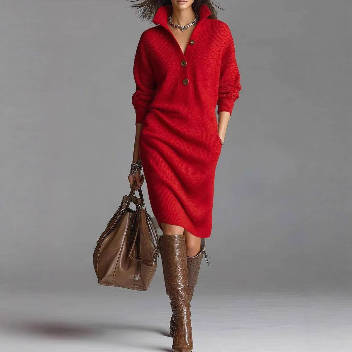 Long-sleeved Sweater Dress V-neck Button Pullover 5 Long-sleeved Sweater Dress V-neck Button Pullover - Image 5