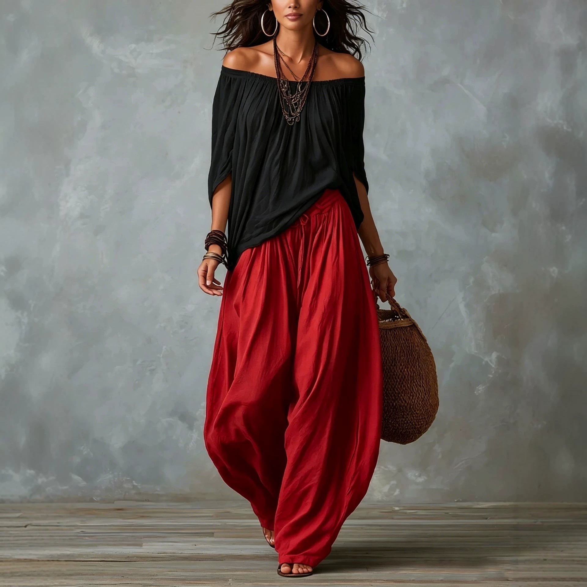 Off-Shoulder Suit Long Sleeve Top And Flare Leg Pants Set 6 Off-Shoulder Suit Long Sleeve Top And Flare Leg Pants Set - Image 6