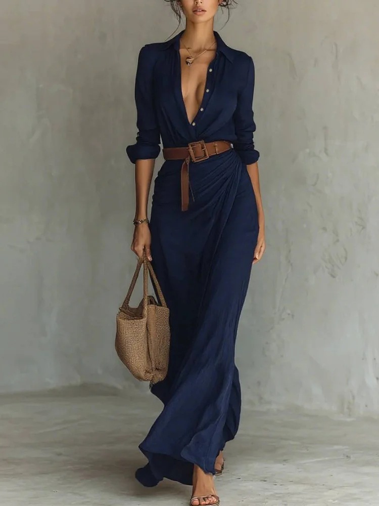 Irregular Long Dress With Belt Button Lapel Long-sleeved Shirt 7 Irregular Long Dress With Belt Button Lapel Long-sleeved Shirt - Image 7