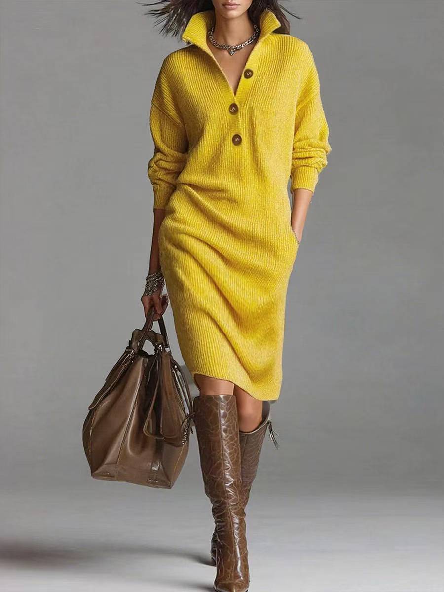 Long-sleeved Sweater Dress V-neck Button Pullover 2 Long-sleeved Sweater Dress V-neck Button Pullover - Image 2