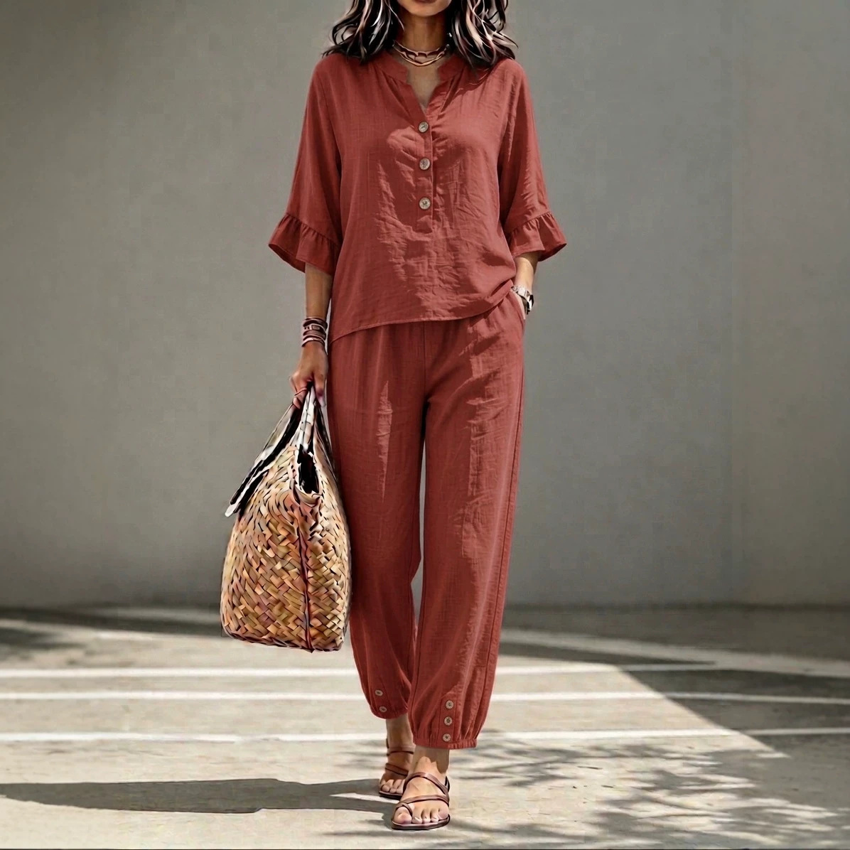 2pcs Set Women's Casual V-neck Collar Button Top Wide Leg Trousers Set Retro Suit 9 2pcs Set Women's Casual V-neck Collar Button Top Wide Leg Trousers Set Retro Suit - Image 9
