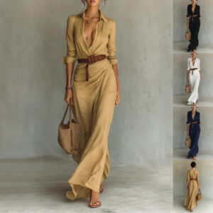 Irregular Long Dress With Belt Button Lapel Long-sleeved Shirt