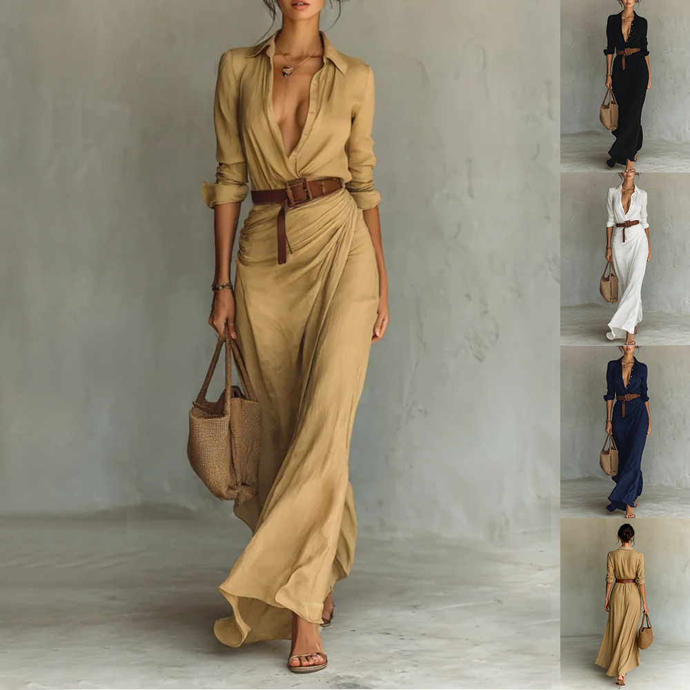 Irregular Long Dress With Belt Button Lapel Long-sleeved Shirt 1 Irregular Long Dress With Belt Button Lapel Long-sleeved Shirt