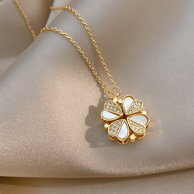 Leaf Clover Pendant Stainless Steel Crystal Heart Necklace 9 Leaf Clover Pendant Stainless Steel Crystal Heart Necklace - Image 9