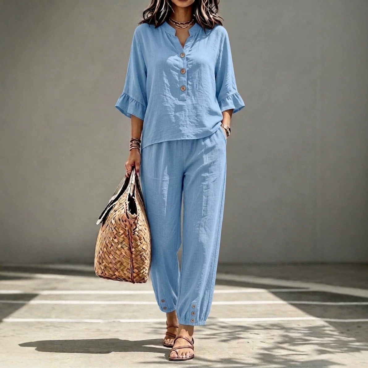 2pcs Set Women's Casual V-neck Collar Button Top Wide Leg Trousers Set Retro Suit 5 2pcs Set Women's Casual V-neck Collar Button Top Wide Leg Trousers Set Retro Suit - Image 5