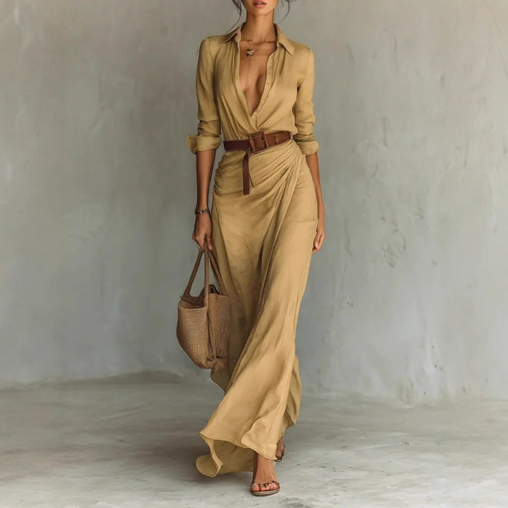 Irregular Long Dress With Belt Button Lapel Long-sleeved Shirt 2 Irregular Long Dress With Belt Button Lapel Long-sleeved Shirt - Image 2