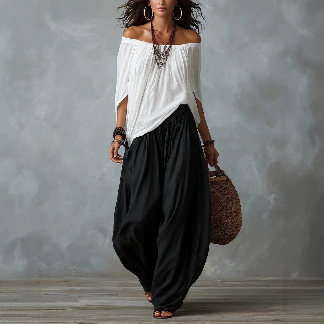 Off-Shoulder Suit Long Sleeve Top And Flare Leg Pants Set 4 Off-Shoulder Suit Long Sleeve Top And Flare Leg Pants Set - Image 4