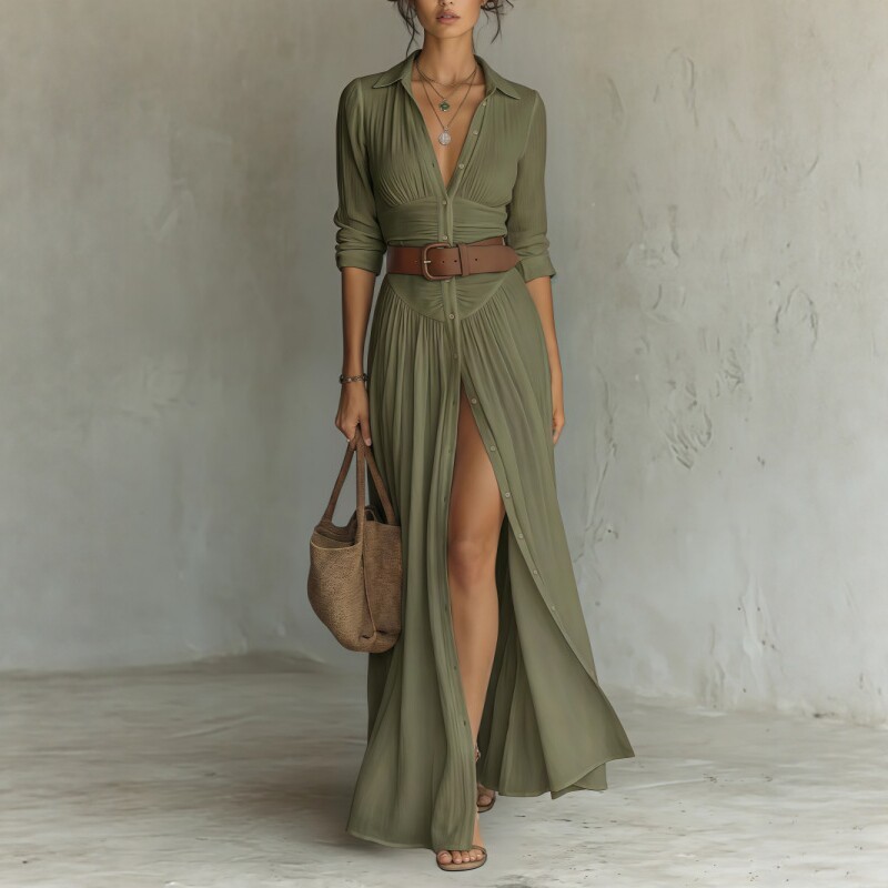 Women's Casual V-Neck Long Dress with High Side Split 8 Women's Casual V-Neck Long Dress with High Side Split - Image 8