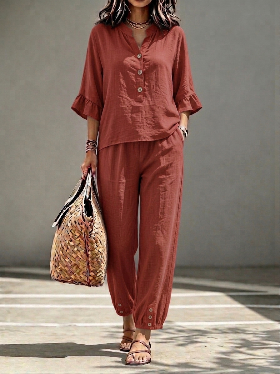 2pcs Set Women's Casual V-neck Collar Button Top Wide Leg Trousers Set Retro Suit 4 2pcs Set Women's Casual V-neck Collar Button Top Wide Leg Trousers Set Retro Suit - Image 4