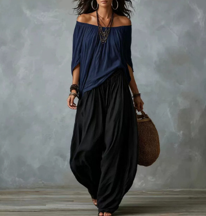 Off-Shoulder Suit Long Sleeve Top And Flare Leg Pants Set 2 Off-Shoulder Suit Long Sleeve Top And Flare Leg Pants Set - Image 2