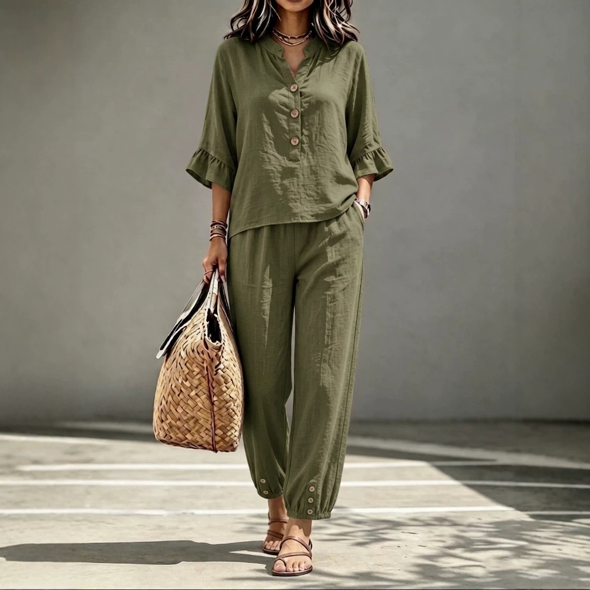 2pcs Set Women's Casual V-neck Collar Button Top Wide Leg Trousers Set Retro Suit 7 2pcs Set Women's Casual V-neck Collar Button Top Wide Leg Trousers Set Retro Suit - Image 7