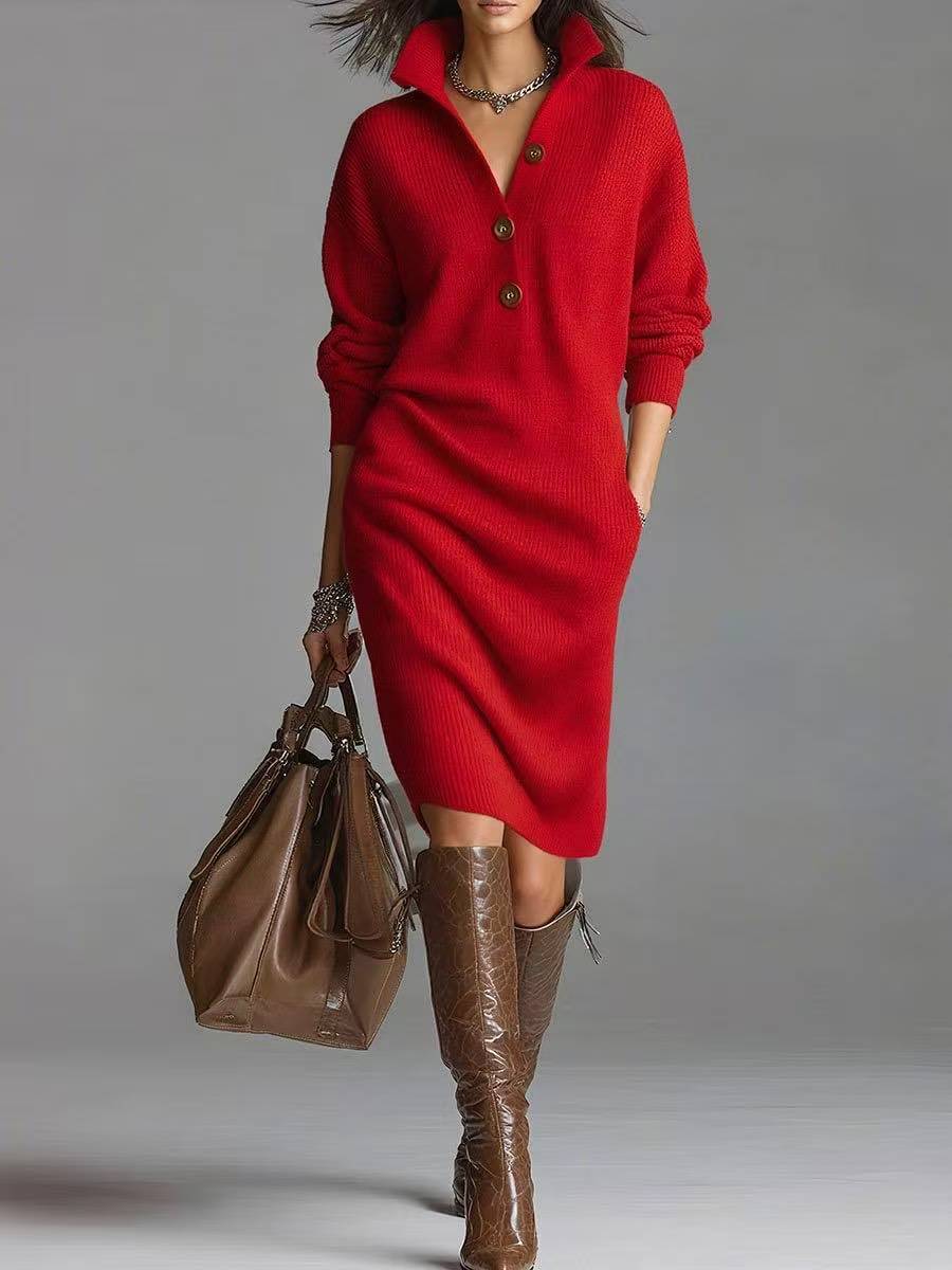 Long-sleeved Sweater Dress V-neck Button Pullover 7 Long-sleeved Sweater Dress V-neck Button Pullover - Image 7