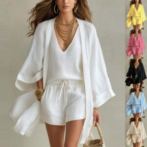 3pcs Suits Mid-length Cardigan Sleeveless Vest And Shorts Set Women's Casual Three-piece Outfit For Daily Wear