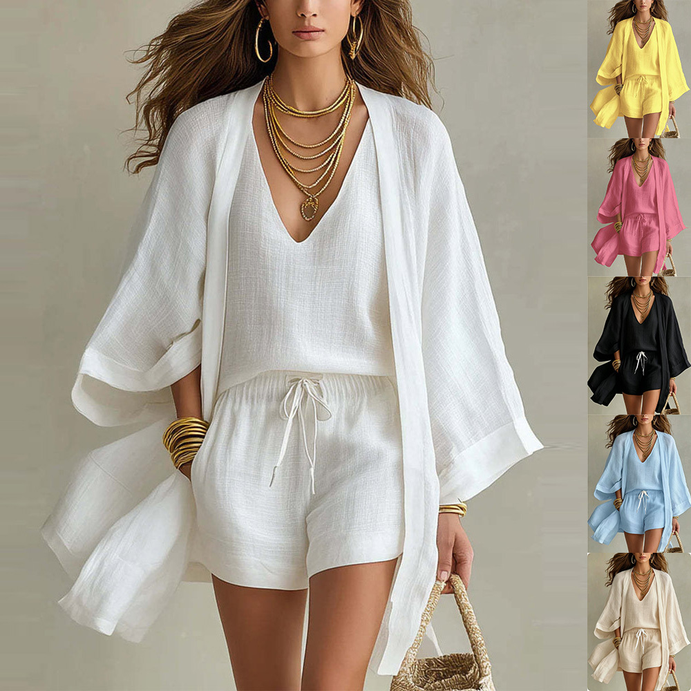 3pcs Suits Mid-length Cardigan Sleeveless Vest And Shorts Set Women's Casual Three-piece Outfit For Daily Wear 1 3pcs Suits Mid-length Cardigan Sleeveless Vest And Shorts Set Women's Casual Three-piece Outfit For Daily Wear
