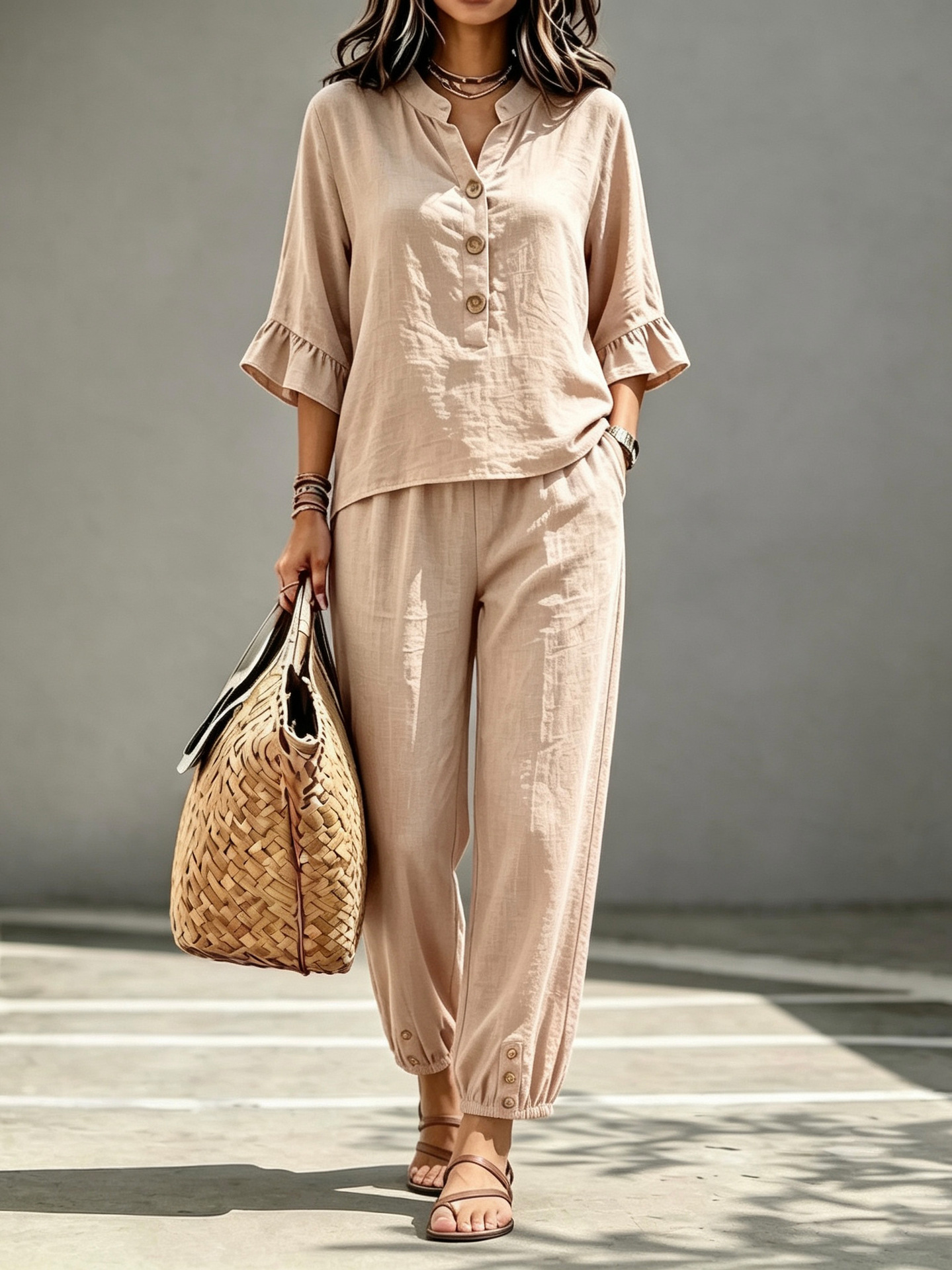 2pcs Set Women's Casual V-neck Collar Button Top Wide Leg Trousers Set Retro Suit 2 2pcs Set Women's Casual V-neck Collar Button Top Wide Leg Trousers Set Retro Suit - Image 2
