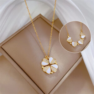 Leaf Clover Pendant Stainless Steel Crystal Heart Necklace