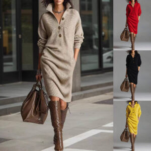 Long-sleeved Sweater Dress V-neck Button Pullover
