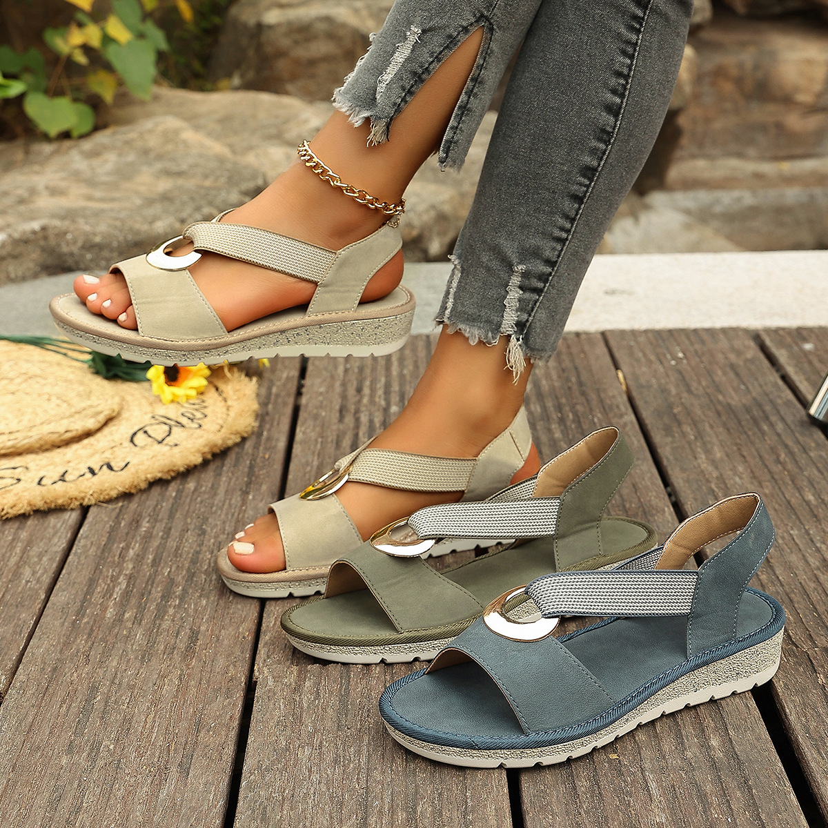 Flat Sole Wedge Sandals Elastic Strap 7 Flat Sole Wedge Sandals Elastic Strap - Image 7