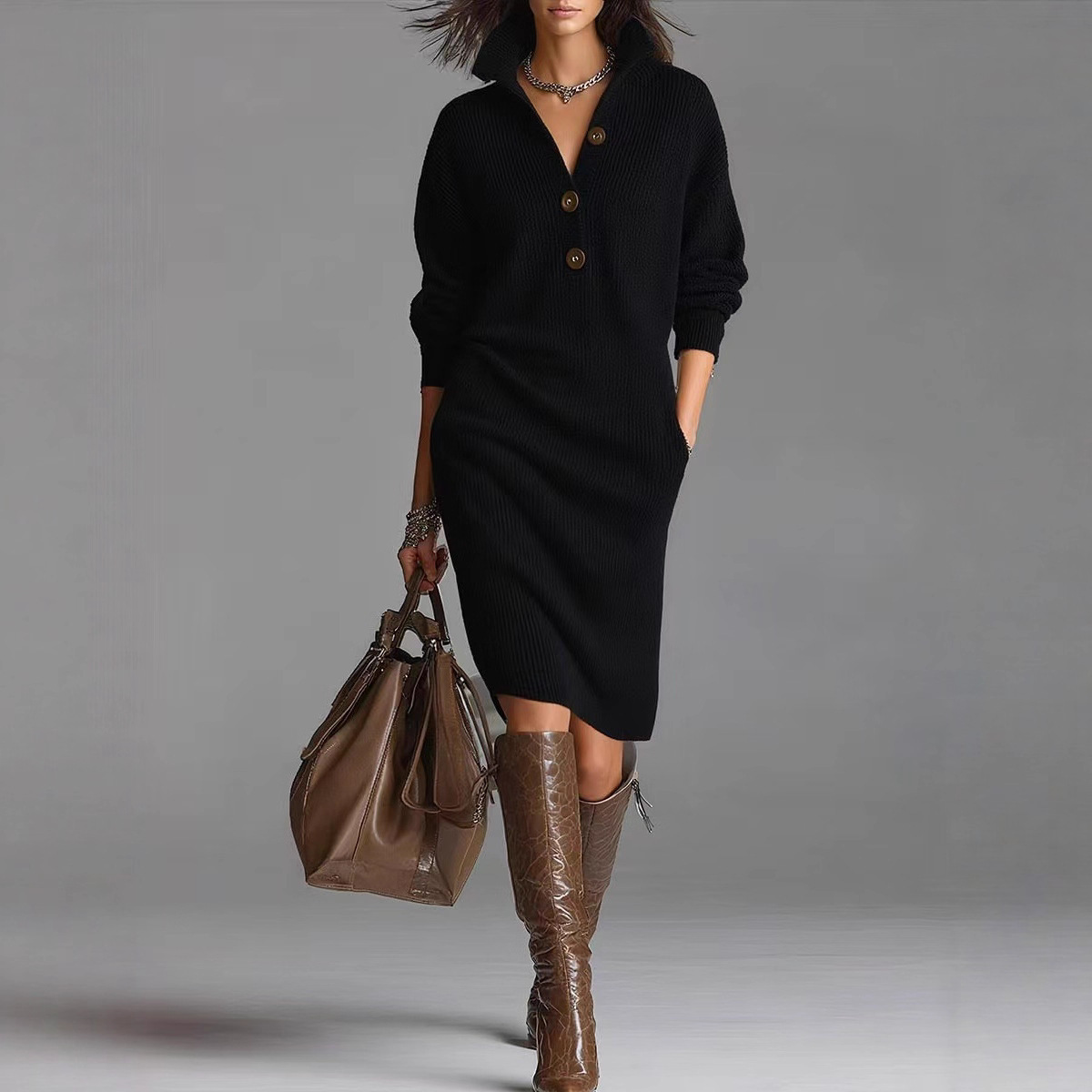 Long-sleeved Sweater Dress V-neck Button Pullover 10 Long-sleeved Sweater Dress V-neck Button Pullover - Image 10
