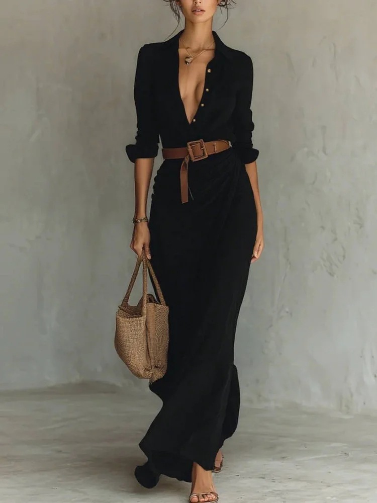 Irregular Long Dress With Belt Button Lapel Long-sleeved Shirt 9 Irregular Long Dress With Belt Button Lapel Long-sleeved Shirt - Image 9