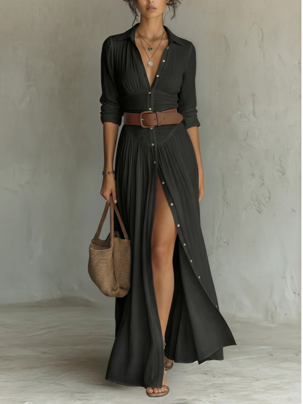 Women's Casual V-Neck Long Dress with High Side Split 9 Women's Casual V-Neck Long Dress with High Side Split - Image 9