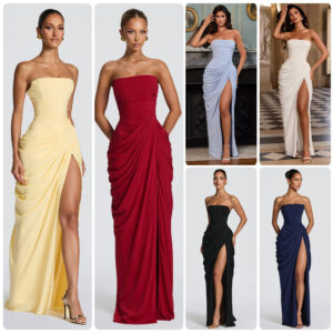 Strapless Pleated Slit Dress