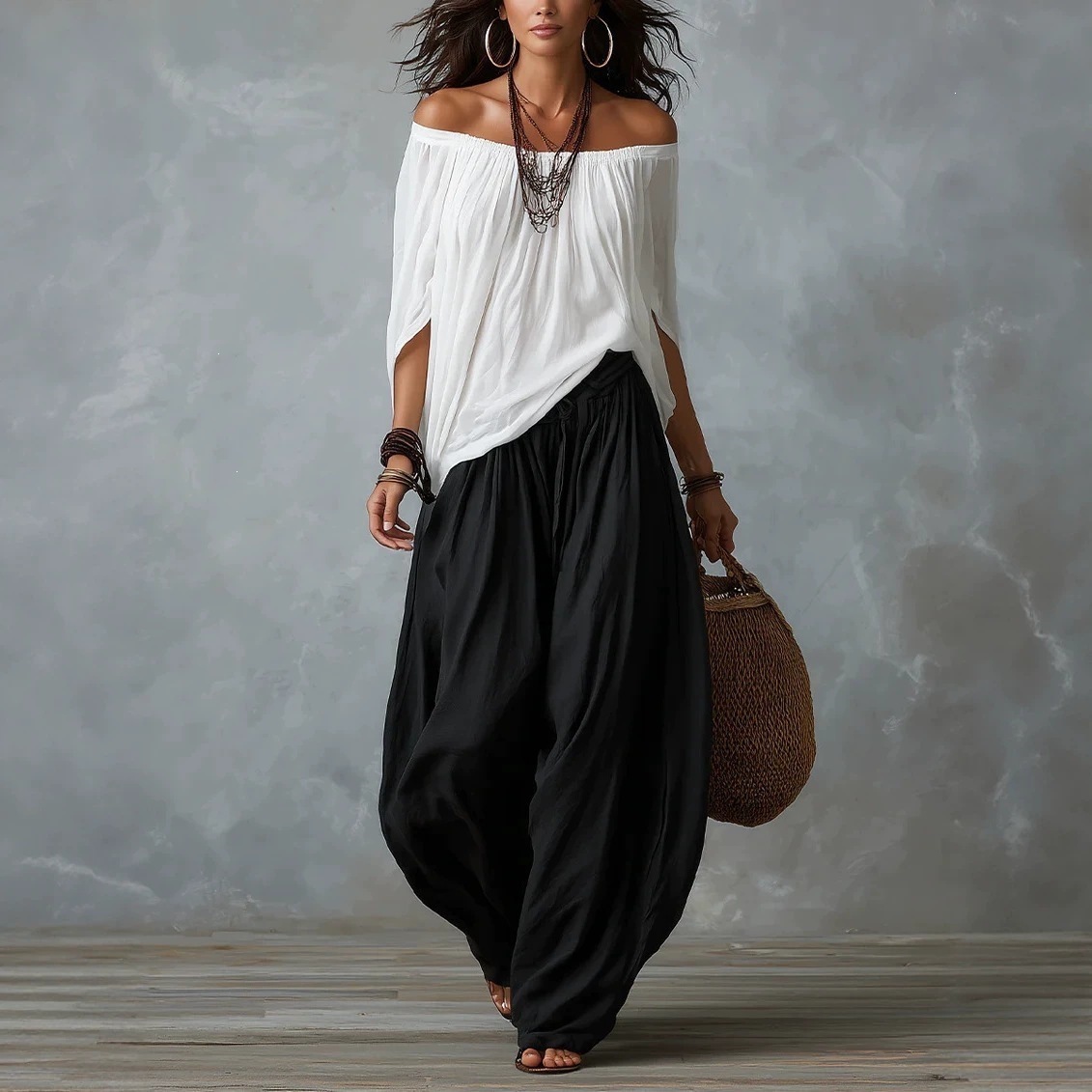 Off-Shoulder Suit Long Sleeve Top And Flare Leg Pants Set 10 Off-Shoulder Suit Long Sleeve Top And Flare Leg Pants Set - Image 10