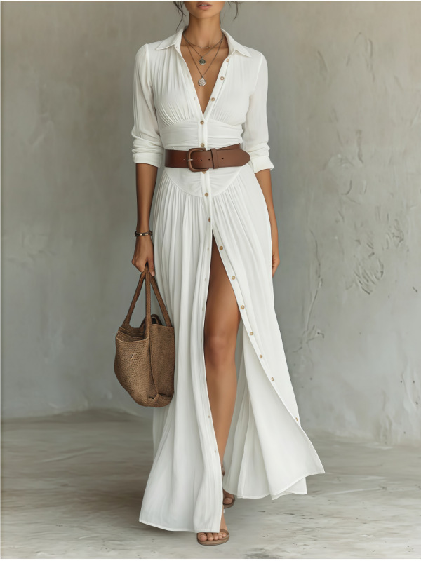 Women's Casual V-Neck Long Dress with High Side Split 2 Women's Casual V-Neck Long Dress with High Side Split - Image 2