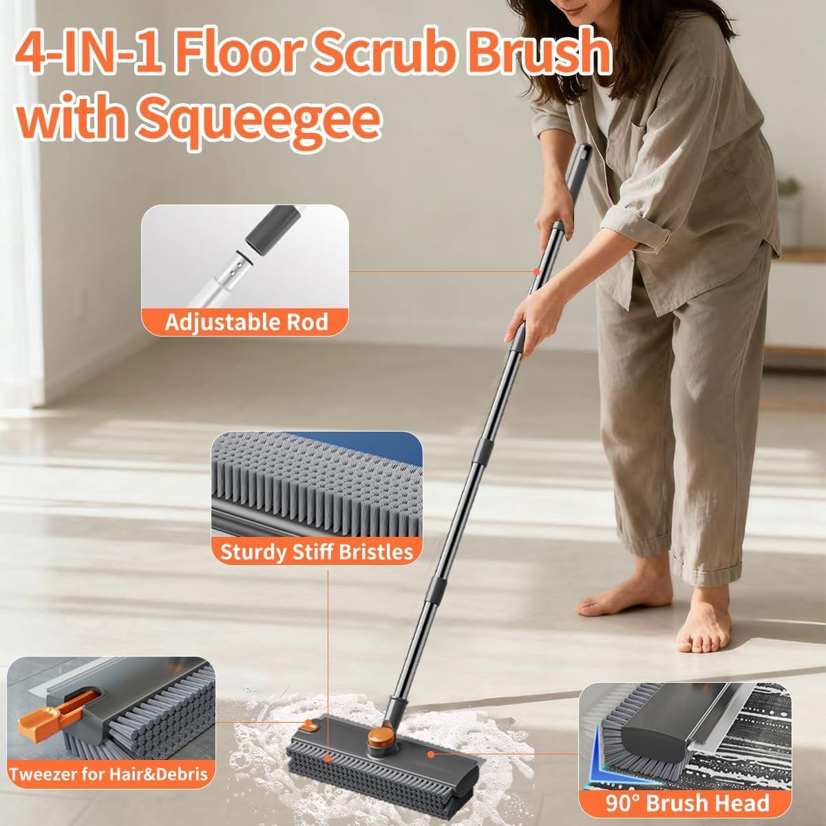 Scrub Brush With Long Handle, 3 In 1 Shower Scrubber Floor Broom Squeegee For Concrete Tile Wall Deck Patio 2 Scrub Brush With Long Handle, 3 In 1 Shower Scrubber Floor Broom Squeegee For Concrete Tile Wall Deck Patio - Image 2