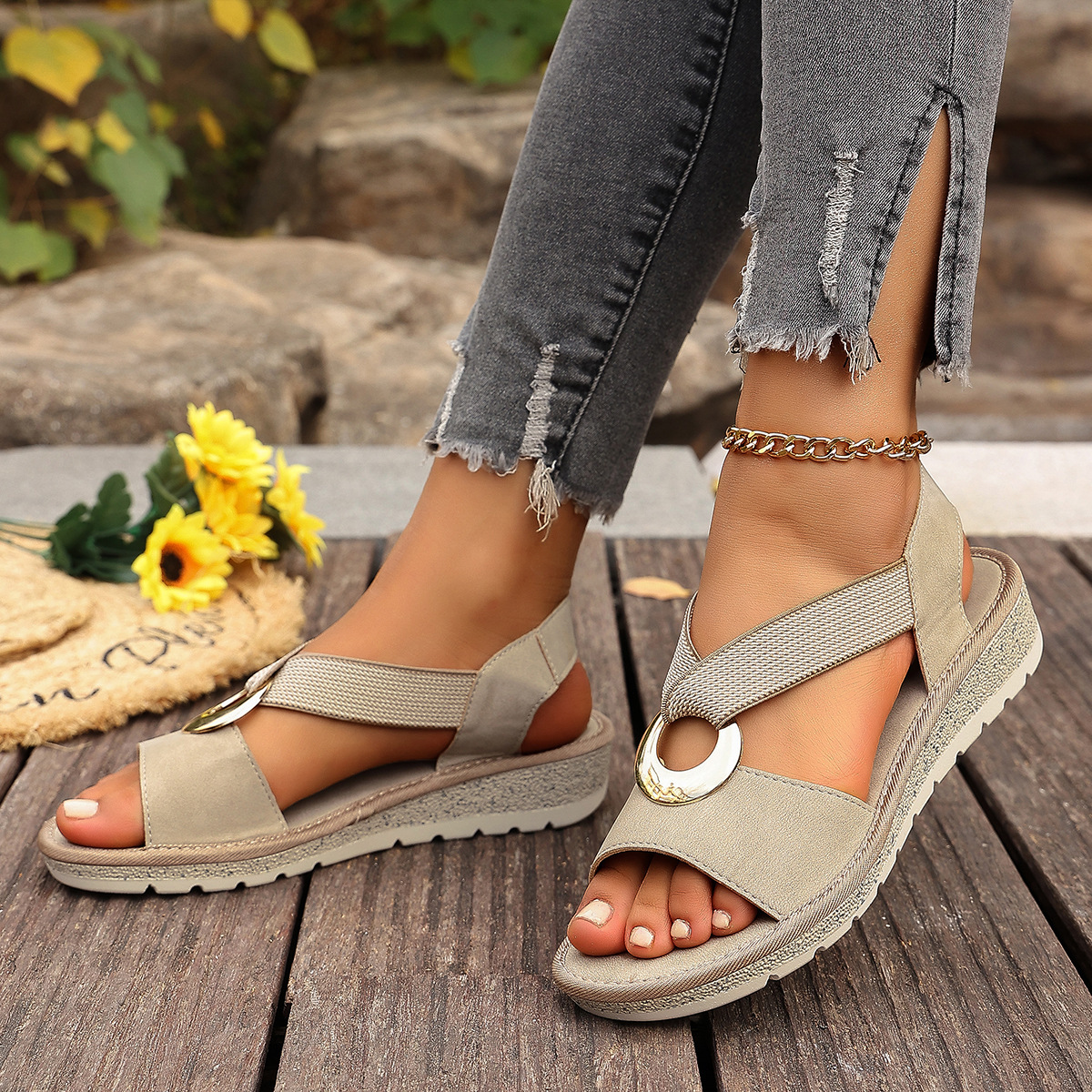 Flat Sole Wedge Sandals Elastic Strap 9 Flat Sole Wedge Sandals Elastic Strap - Image 9