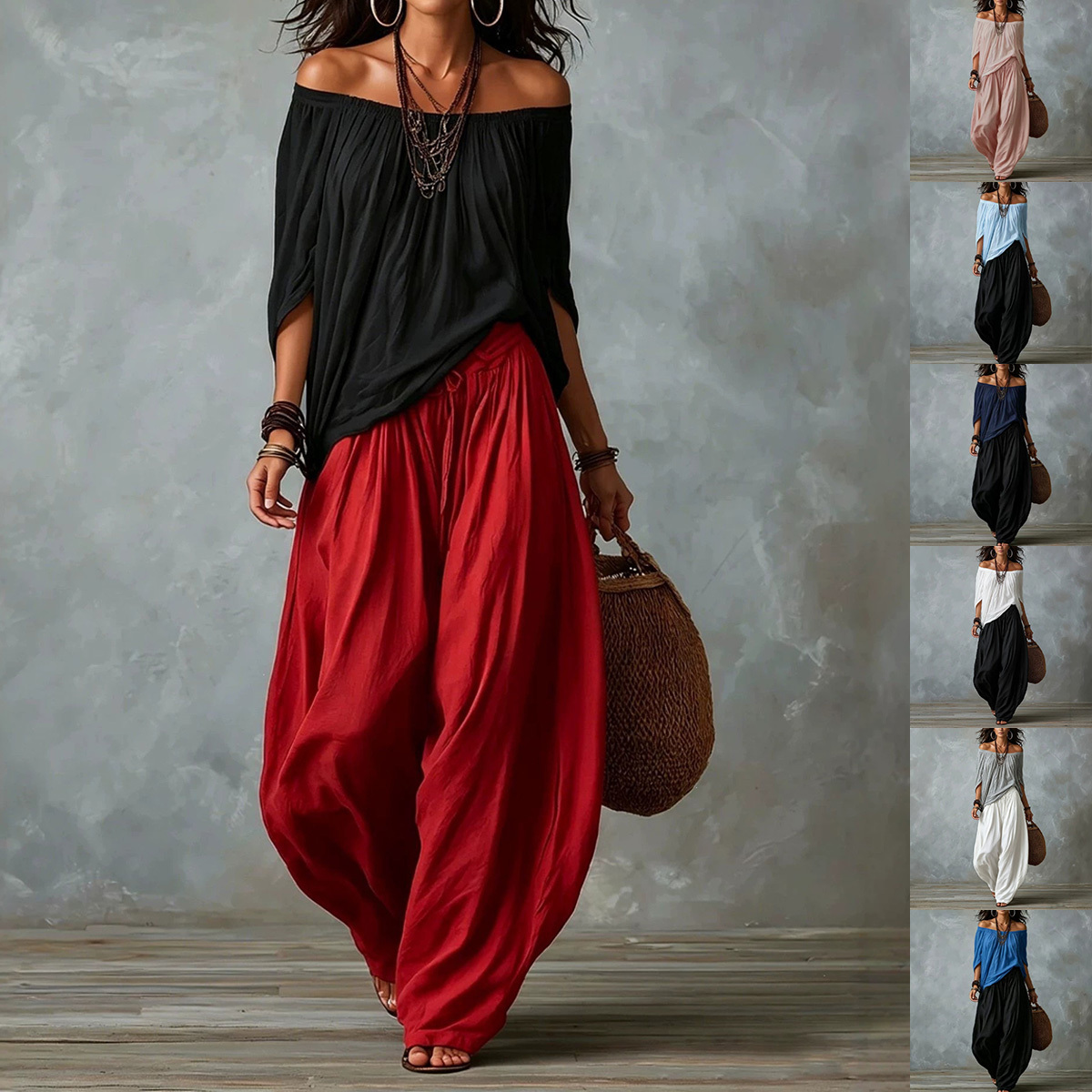 Off-Shoulder Suit Long Sleeve Top And Flare Leg Pants Set 1 Off-Shoulder Suit Long Sleeve Top And Flare Leg Pants Set