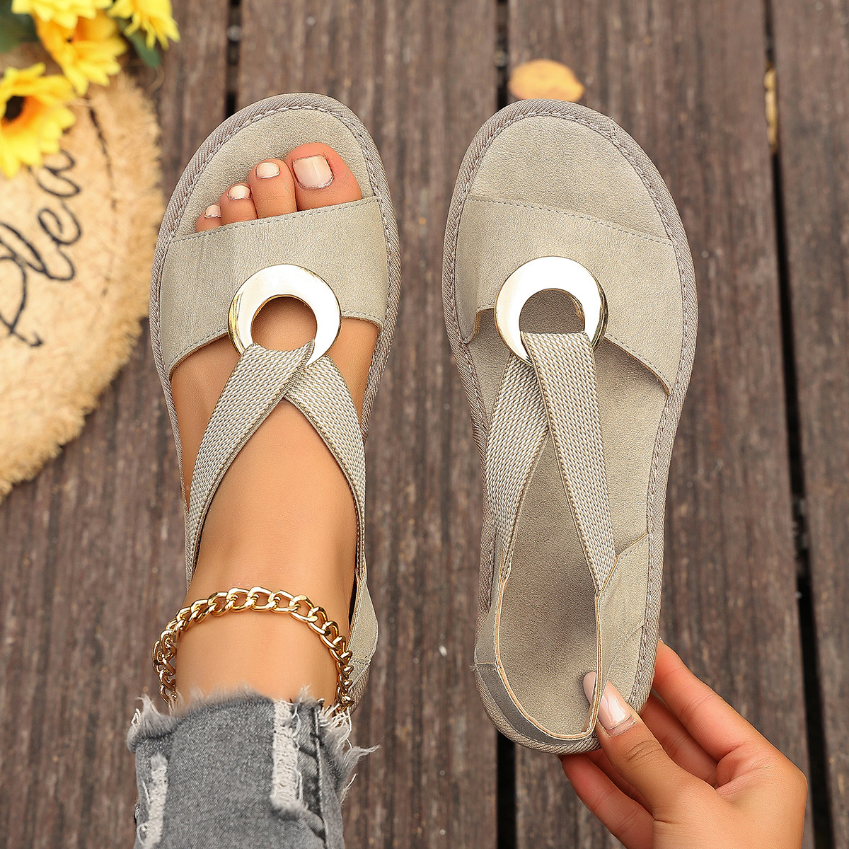 Flat Sole Wedge Sandals Elastic Strap 3 Flat Sole Wedge Sandals Elastic Strap - Image 3