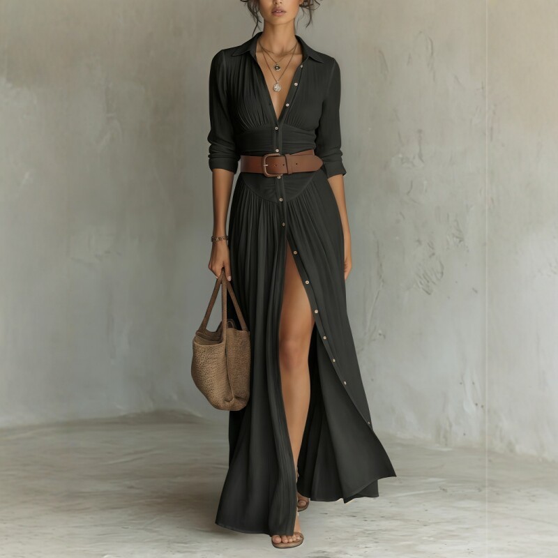Women's Casual V-Neck Long Dress with High Side Split 3 Women's Casual V-Neck Long Dress with High Side Split - Image 3