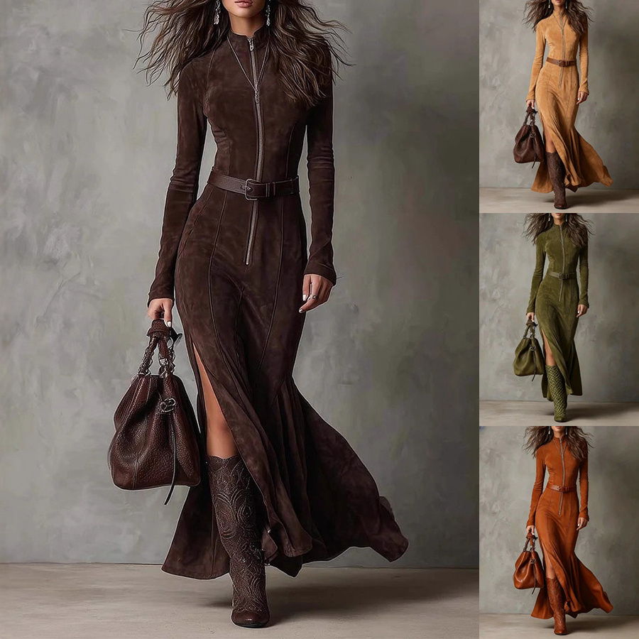 Elegant Zipper Split Long-sleeved Cowboy Dress 1 Elegant Zipper Split Long-sleeved Cowboy Dress