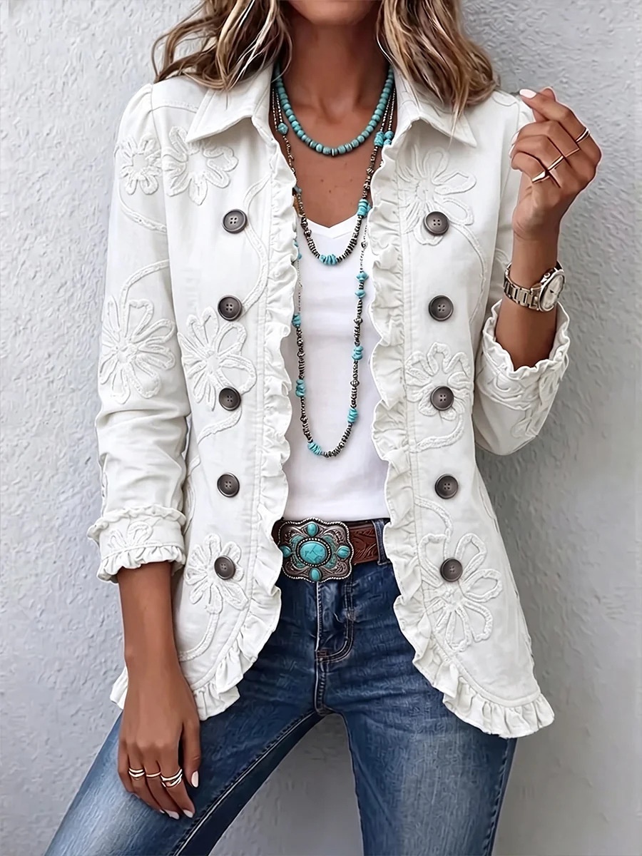 Women's Solid Color Ruffled Jacket Pleated Lapel Blazer 9 Women's Solid Color Ruffled Jacket Pleated Lapel Blazer - Image 9