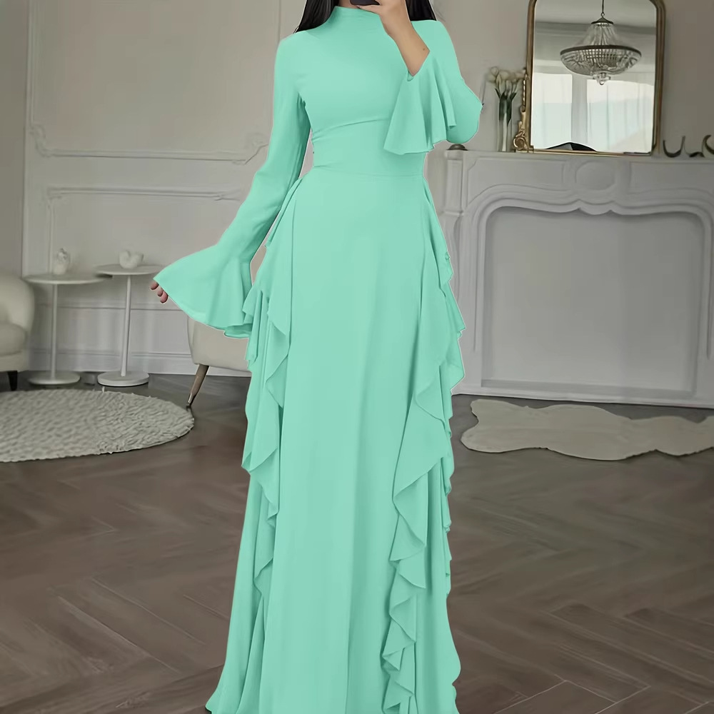 Elegant High-Waisted Solid-Color Flare-Sleeve Dress 3 Elegant High-Waisted Solid-Color Flare-Sleeve Dress - Image 3