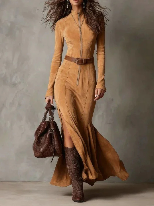 Elegant Zipper Split Long-sleeved Cowboy Dress 2 Elegant Zipper Split Long-sleeved Cowboy Dress - Image 2