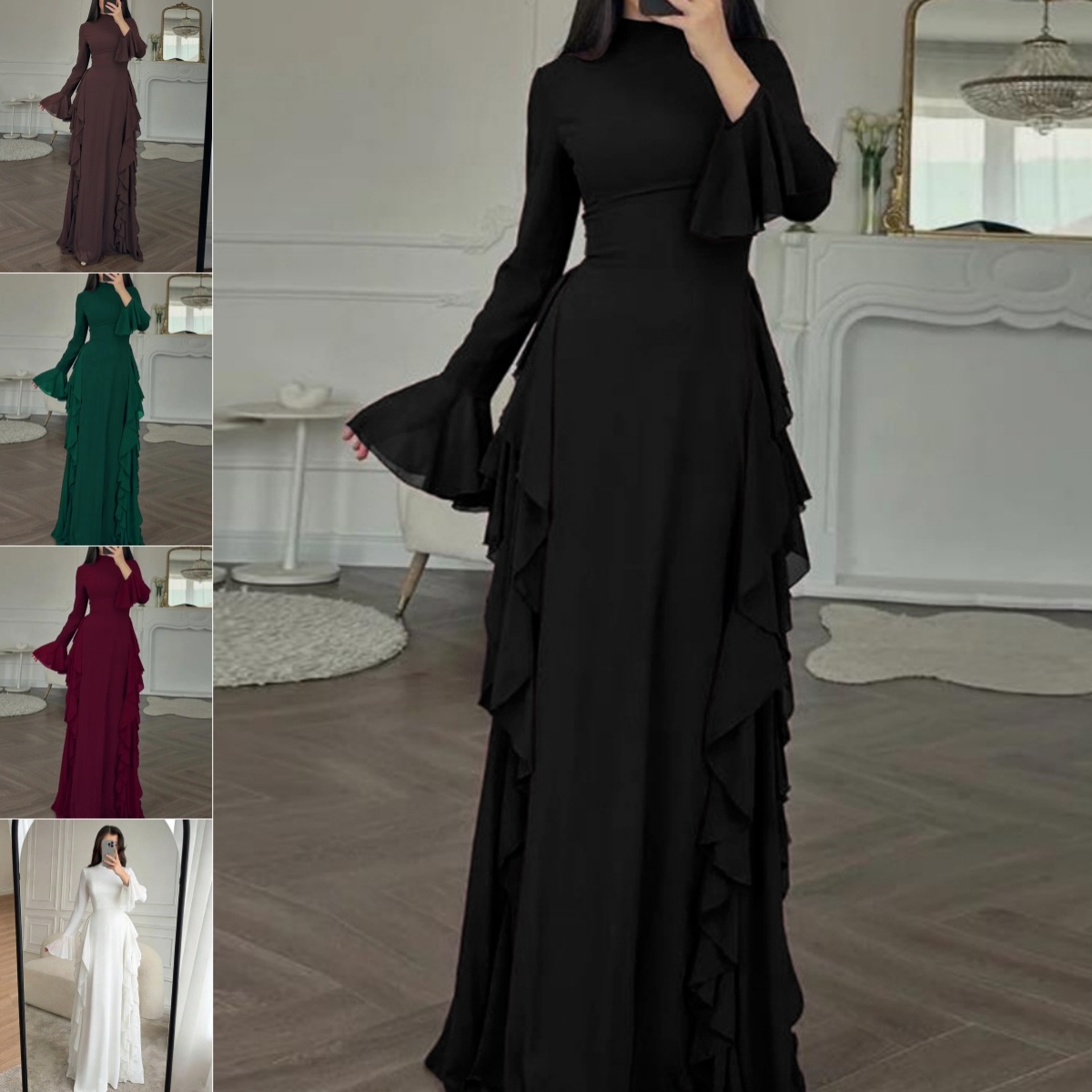 Elegant High-Waisted Solid-Color Flare-Sleeve Dress 1 Elegant High-Waisted Solid-Color Flare-Sleeve Dress