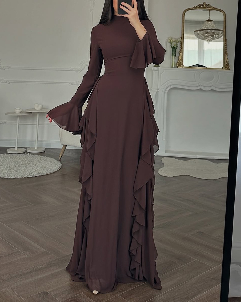 Elegant High-Waisted Solid-Color Flare-Sleeve Dress 9 Elegant High-Waisted Solid-Color Flare-Sleeve Dress - Image 9