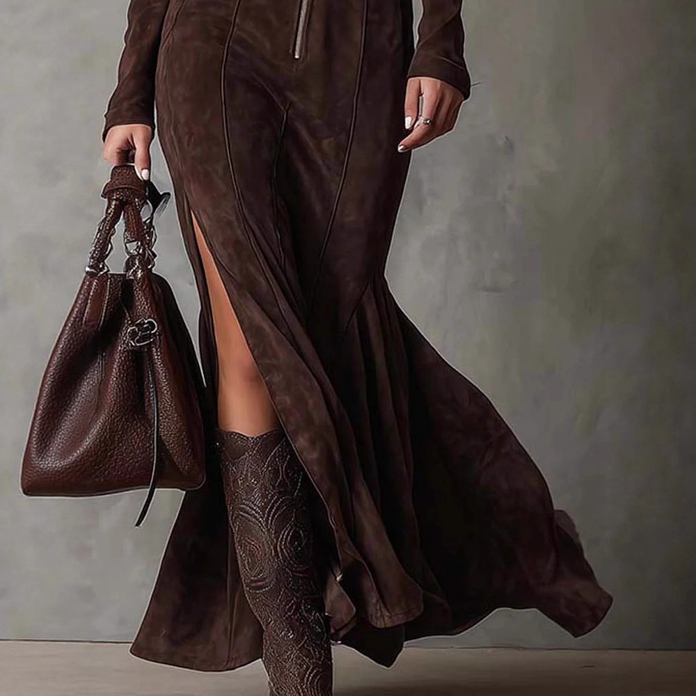 Elegant Zipper Split Long-sleeved Cowboy Dress 7 Elegant Zipper Split Long-sleeved Cowboy Dress - Image 7