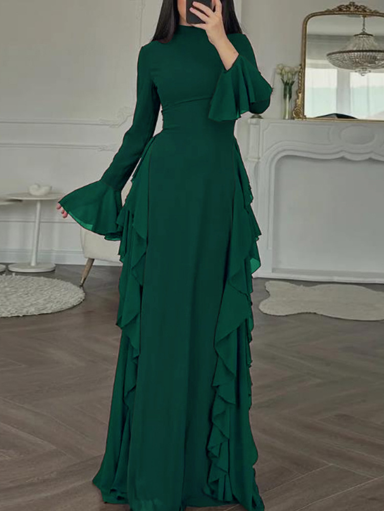 Elegant High-Waisted Solid-Color Flare-Sleeve Dress 4 Elegant High-Waisted Solid-Color Flare-Sleeve Dress - Image 4