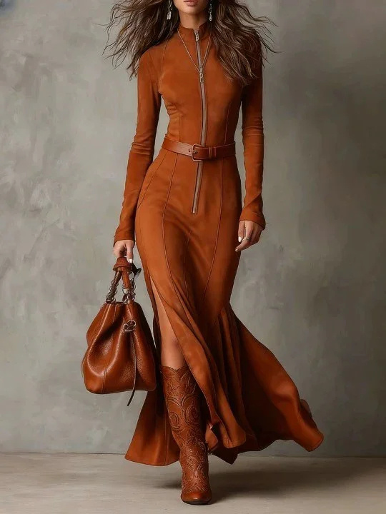 Elegant Zipper Split Long-sleeved Cowboy Dress 4 Elegant Zipper Split Long-sleeved Cowboy Dress - Image 4