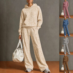 Retro Leopard Print Hooded Sweatshirt And Wide Leg Trouser Set